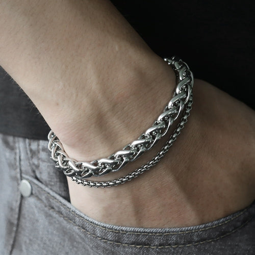 Unique Men's Bracelet Double Chain Bracelet Silver Stainless Steel Wheat Box Chain Link Bracelets Male Jewelry Dropshipping DB75