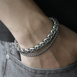 Unique Men's Bracelet Double Chain Bracelet Silver Stainless Steel Wheat Box Chain Link Bracelets Male Jewelry Dropshipping DB75