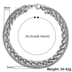 Unique Men's Bracelet Double Chain Bracelet Silver Stainless Steel Wheat Box Chain Link Bracelets Male Jewelry Dropshipping DB75