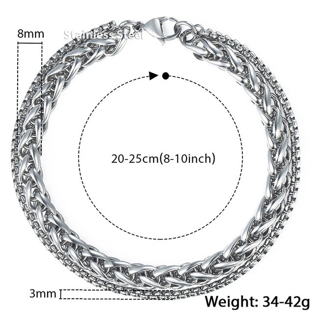 Unique Men's Bracelet Double Chain Bracelet Silver Stainless Steel Wheat Box Chain Link Bracelets Male Jewelry Dropshipping DB75