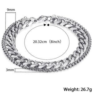 Unique Men's Bracelet Double Chain Bracelet Silver Stainless Steel Wheat Box Chain Link Bracelets Male Jewelry Dropshipping DB75