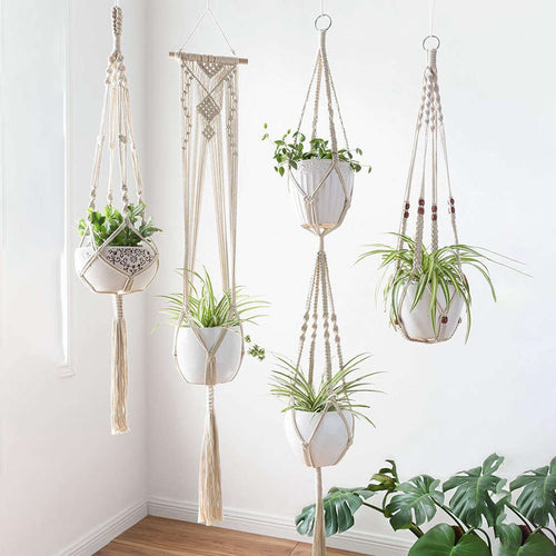 Macrame Plant Hangers - 4 Pack, In Different Designs - Handmade Indoor Wall Hanging Planter Plant Holder - Modern Boh